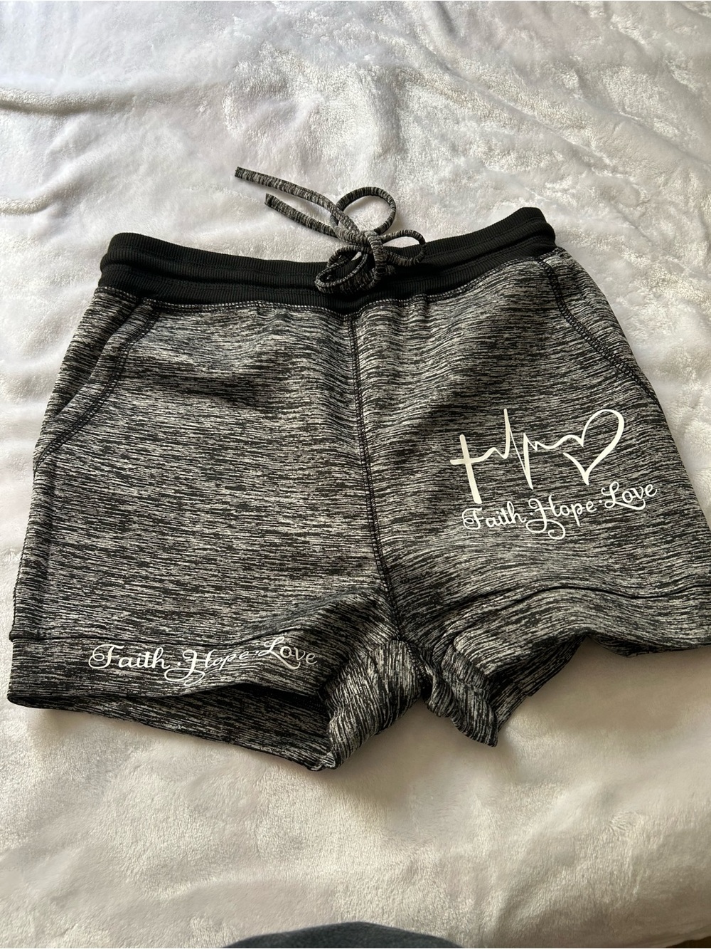 CHICME Women’s Shorts Size M Black Gray Faith Hope Love Drawstring Stretch